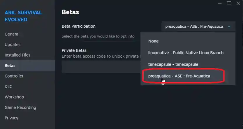 Steam preaquatica branch selection